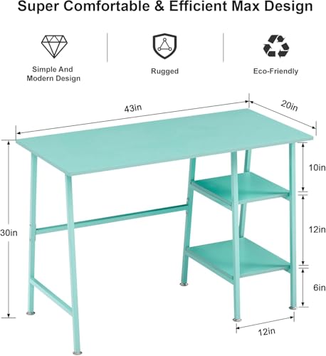 VECELO 43 Inch Computer Desk Writing Study Work Office Table Modern Desk with Shelves Wooden Desk for Home Bedroom,Blue Desk