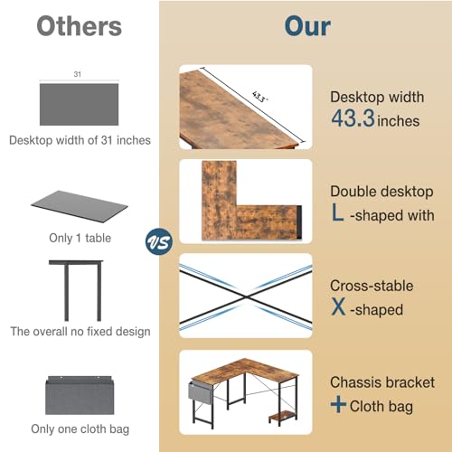 DUMOS L Shaped Desk Computer Gaming Corner Table 50 Inch Home Office Writing Student Work PC Workstation with Side Storage Bag CPU Stand for Bedroom Small Spaces