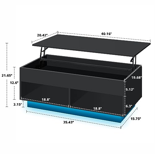LED Coffee Table Black Lift Top Coffee Table with Storage Modern Tea Table with Hidden Compartment Lift Up Dining Center Table with LED Light for Living Room Home Office