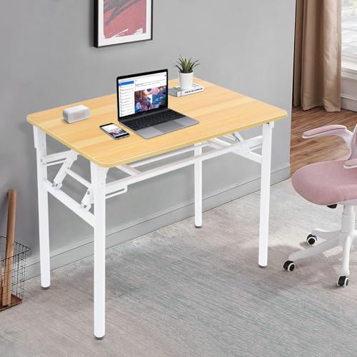 LUOSHALIYA Foldable Computer Desk, Writing Desk Folding Table Gaming Office Writing Work Desk, for Home Office, Study, Bedroom, Metal Frame, No Assembly (Wood)
