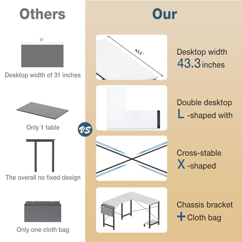 DUMOS L Shaped Desk Computer Gaming Corner Table 50 Inch Home Office Writing Student Work PC Workstation with Side Storage Bag CPU Stand for Bedroom Small Spaces