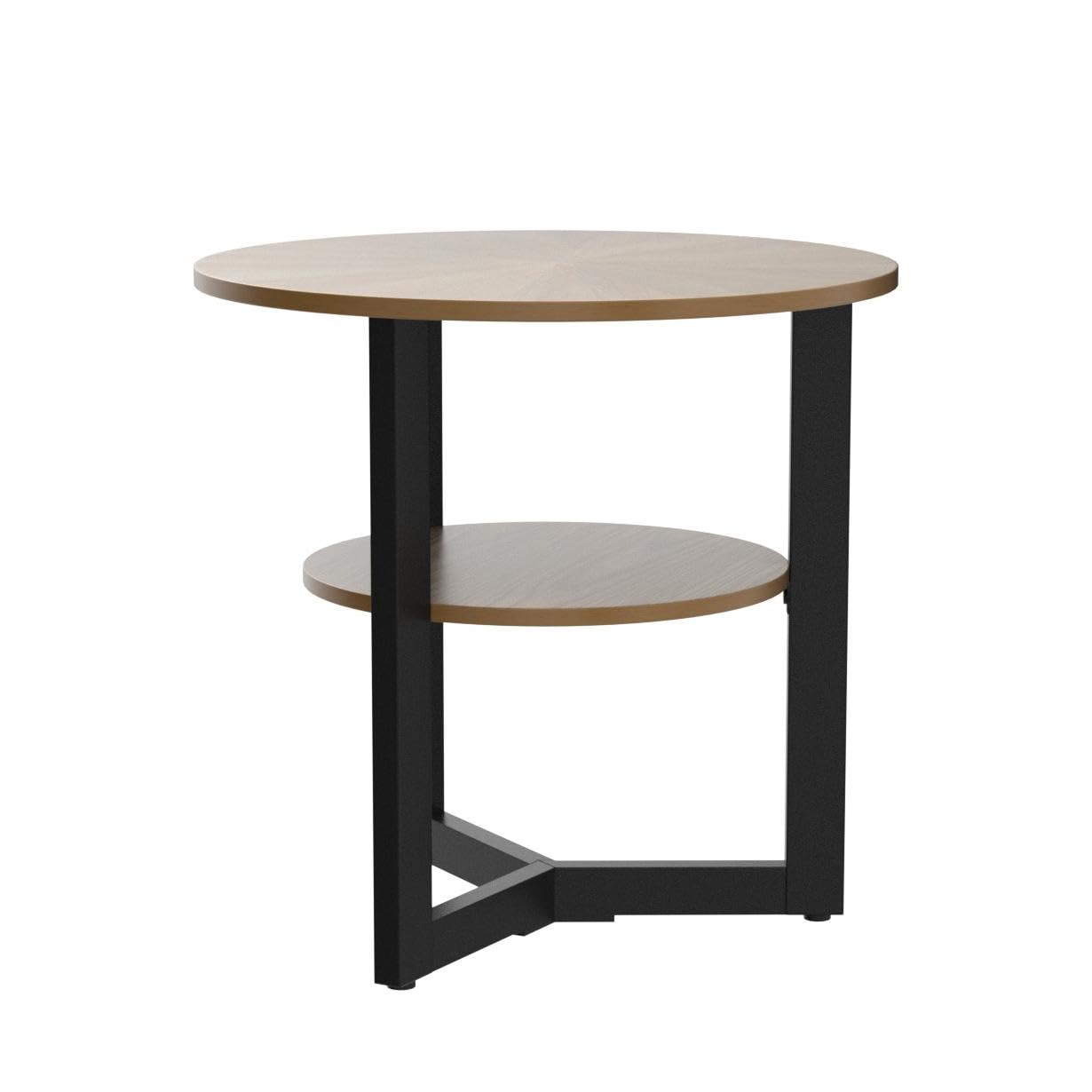 LEEMTORIG Round End Table with Storage, Farmhouse Circle Side Table for Living Room, Solid Wood 2-Tier Nightstand, Natural Wood Tabletop & Black Metal Frame, 25.2" D x 24" H, CJZ-1338