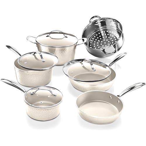 Gotham Steel Hammered 15 Pc Ceramic Cookware Set Nonstick, Deep Pots and Pans Set Non Stick with Induction Cookware, Cooking Utensils & Steamer, Non Toxic PFOA PFOS Free, Oven & Dishwasher Safe