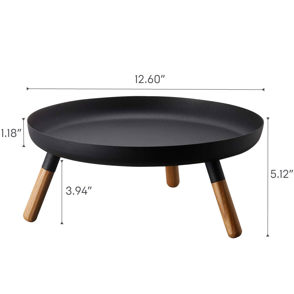 Yamazaki Home Plain Metal Pedestal Table Tray with Wooden Legs for Countertop Or Floor, Holds Fruit, Plants, Tea, Steel + Wood