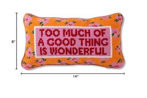 FURBISH Needlepoint Decorative Throw Pillow - Too Much - 8" x 14" - Small Embroidered Accent Pillow for Bed, Chair, Couch, Sofa - Aesthetic Room Decor