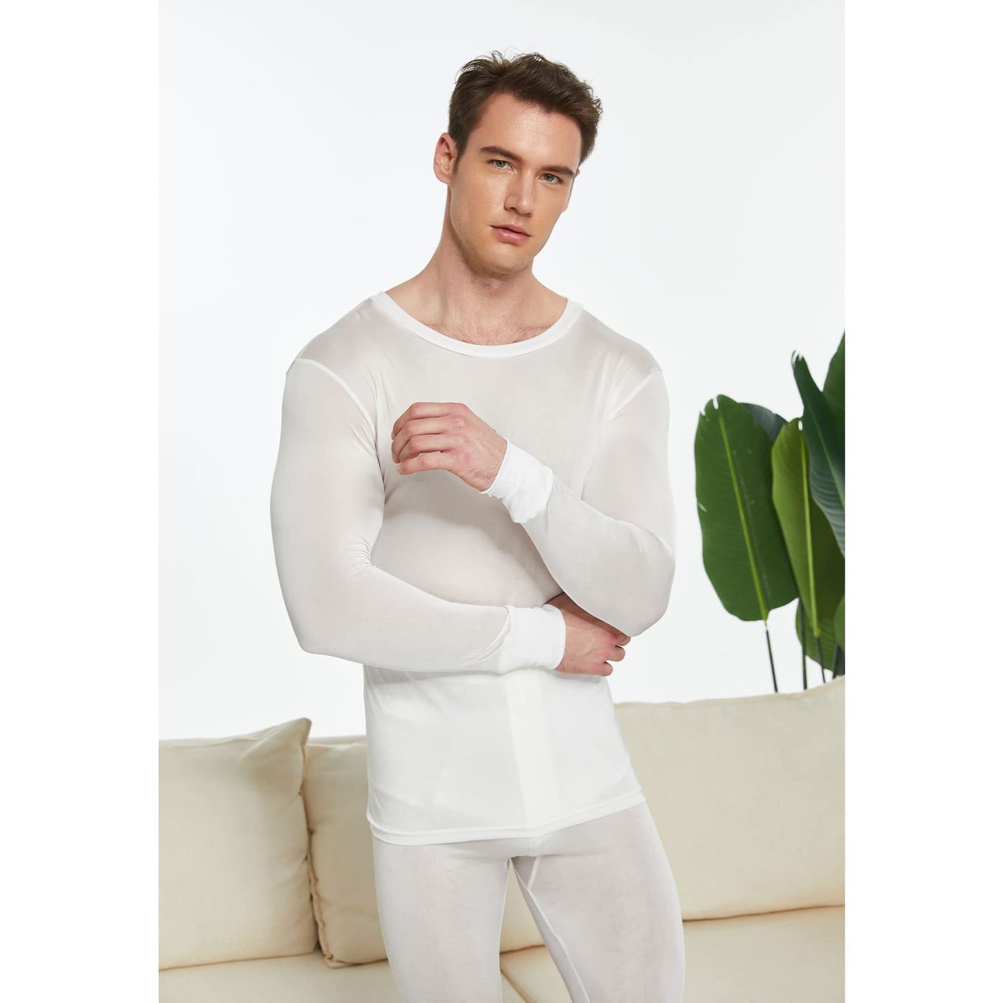Men's Pure Mulberry Silk Knitted Thermal Underwear Long Johns Bottom(Pants Only) White