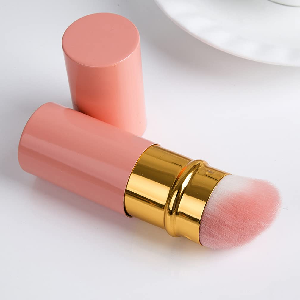 RN BEAUTY Retractable Kabuki Brushes Foundation Brush Powder Brush Blush Brush Extensible Makeup Brush Face Blender Brush Professional Mineral Blending Buffing Concealer Brush Aluminum Case Portable With Cover (Angled Top, Pink)