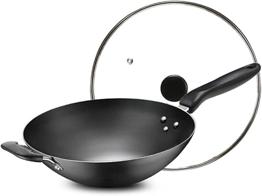 Carbon Steel Wok, Woks and Stir Fry Pans with Handle and Lid, Flat Bottom Chinese Stir Fry Wok, for Electric,Induction and Gas Stoves,Iron