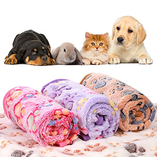 Tatuo 4 Pcs Dog Blanket for Pet Puppy Teething Toys Paw Print Fleece Blanket for Pet Cat Soft Warm Sleep Mat Guinea Pig Cage Mat(Medium(30 x 20.5 Inch),White, Coffee, Pink, Purple)