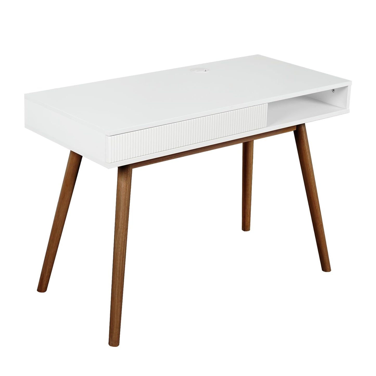 Artswish White Writing Desk with Drawers Mid Century Modern Desk, Wood Office Computer Desks for Small Space, White Desks with Walnut Legs