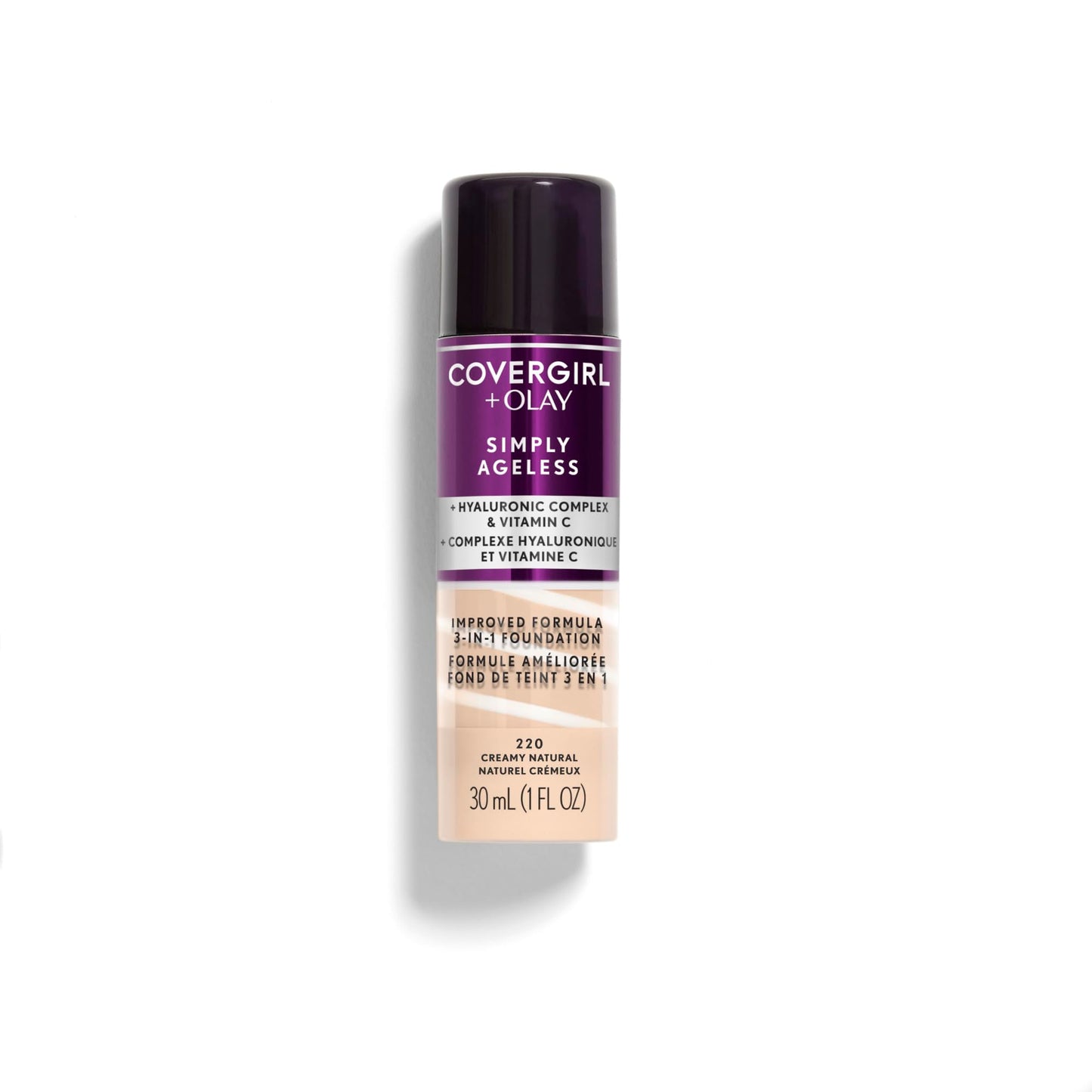 COVERGIRL & Olay Simply Ageless 3-in-1 Liquid Foundation, Matte Finish, Hyaluronic & Vitamin C Formula, 220 Creamy Natural, 1 Count