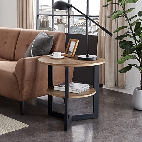 LEEMTORIG Round End Table with Storage, Farmhouse Circle Side Table for Living Room, Solid Wood 2-Tier Nightstand, Natural Wood Tabletop & Black Metal Frame, 25.2" D x 24" H, CJZ-1338