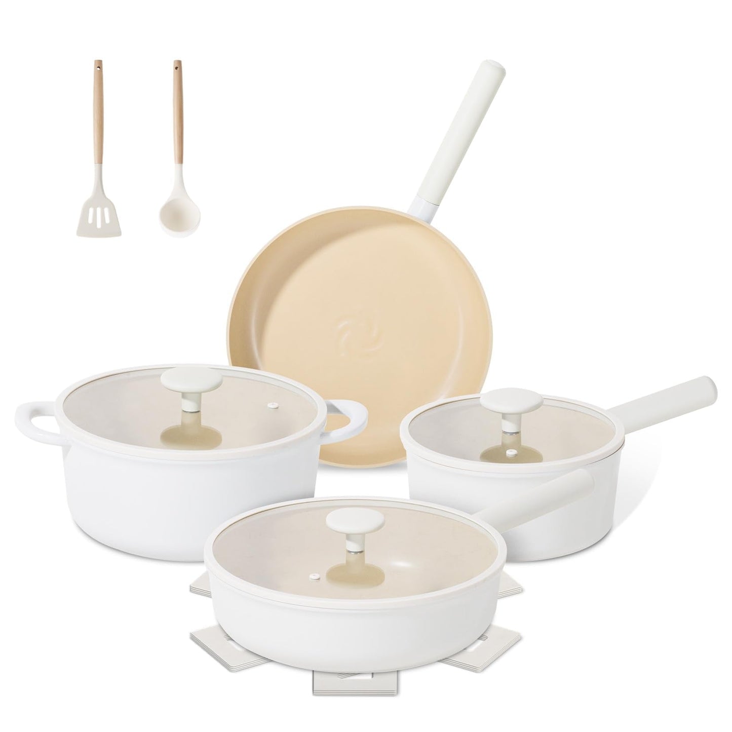 JEETEE Ceramic Cookware Set, 13 Pcs Pots and Pans Set Nonstick with Rotation Removable Handles, Healthy Non-Toxic Cooking Set for All Stoves, Stackable Pots Pans, Oven Safe, PFOA/PFOS Free, Cream