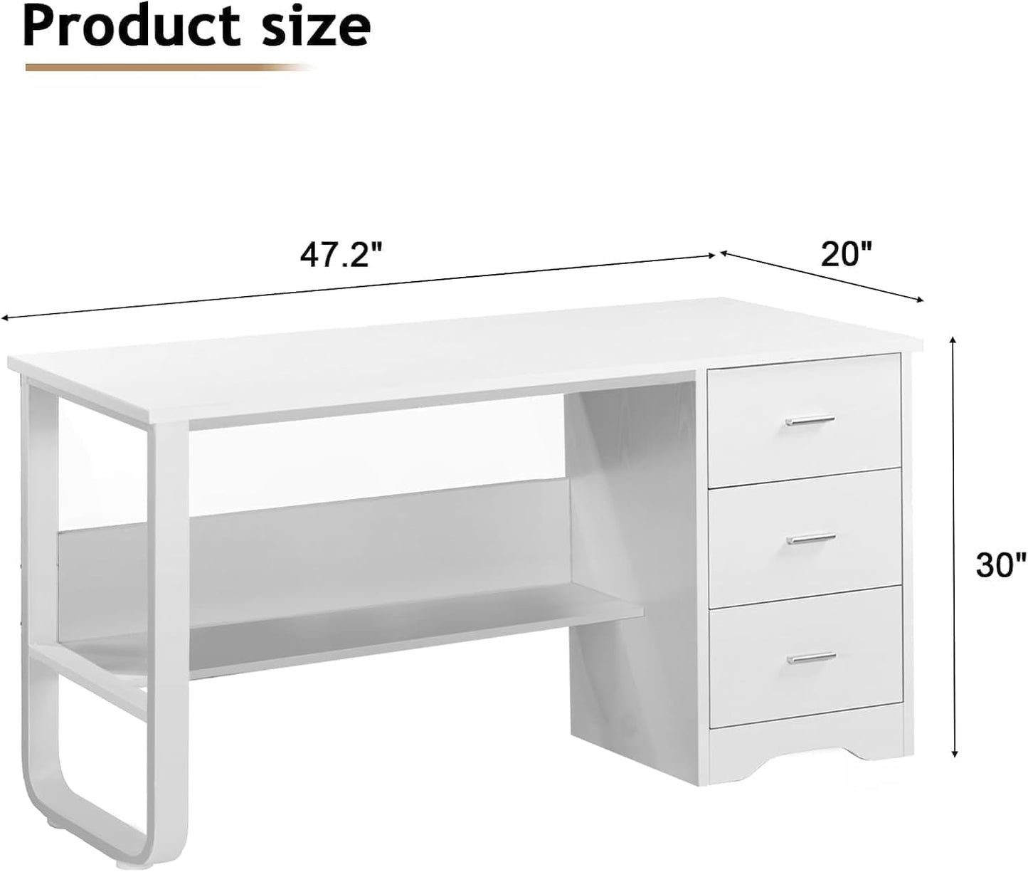 MaverickFurni White Desk with 3 Drawers, 47 Inch Computer Desk with Drawers for Bedroom, Small Home Office Desk with File Cabinet, Bottom Shelves for Small Spaces
