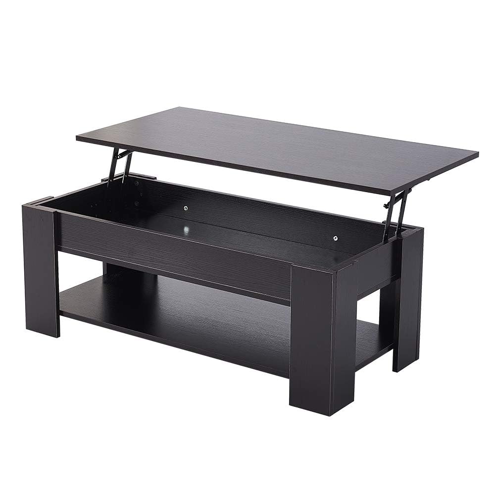 Panana Modern Lift Up Top Coffee Table with Hidden Storage and 1 Shelf Wooden Tea Table Sofa End Table for Living Room, Office, 39.4" x 19.7" x 18.5" (Black)
