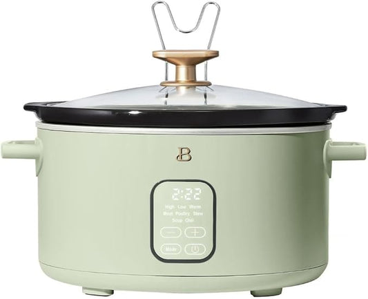 Beautiful 6 Qt Programmable Slow Cooker by Drew Barrymore -5 Preset Cooking Functions, Digital Countdown Timer, Dishwasher-Safe Parts and Cool-Touch Handles (Sage Green)