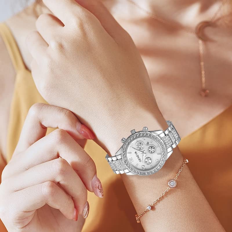 Gosasa Luxury Unisex Crystal Diamond Watches Quartz Digital Calendar Rose Gold Silver Stainless Steel Watch (Silver)