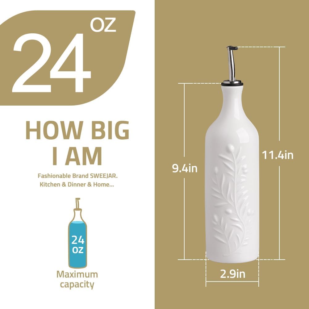 Sweejar Large Olive Oil Dispenser Bottle with Spout, 24 Oz Ceramic Oil Dispenser for Kitchen, Relief Opaque Cruet, Container for Cooking, EVOO, Vinegar, Pack of 1 (GradientFogGray)