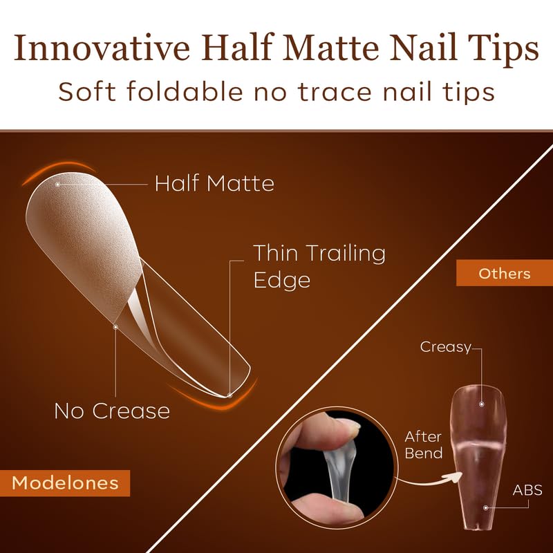 Modelones Long Coffin Nail Tips - 500Pcs Pre-shaped Half Matte Full Cover Fake Nails Gel Tips Acrylic Press on Manicure Extension DIY 10 Sizes