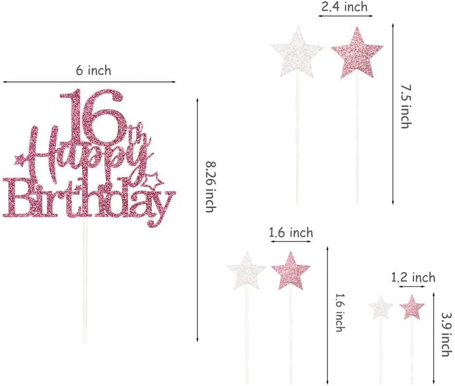 Glittery 16th Happy Birthday Cake Topper with Star,Personalised 16 Birthday Cake Toppers Party Decorations Party Supplies for Boys Girls Rose Gold