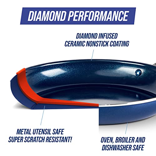 Blue Diamond 20 Piece Nonstick Cookware Set, Diamond Ceramic Pots & Pans, Dishwasher & Metal Utensil Safe, Non Toxic PFAS-Free, Kitchen Cooking Sauce & Saute Pans, Oven & Broiler to 600F, Blue