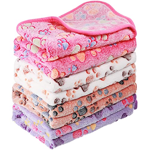 Tatuo 4 Pcs Dog Blanket for Pet Puppy Teething Toys Paw Print Fleece Blanket for Pet Cat Soft Warm Sleep Mat Guinea Pig Cage Mat(Medium(30 x 20.5 Inch),White, Coffee, Pink, Purple)