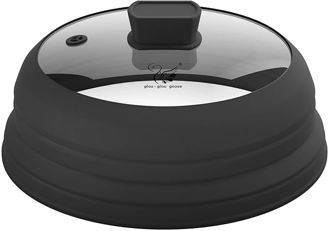 Microwave Splatter Cover Glass Guard Lid with Collapsible Silicone for Food Pot Plate 9.8 inch Black