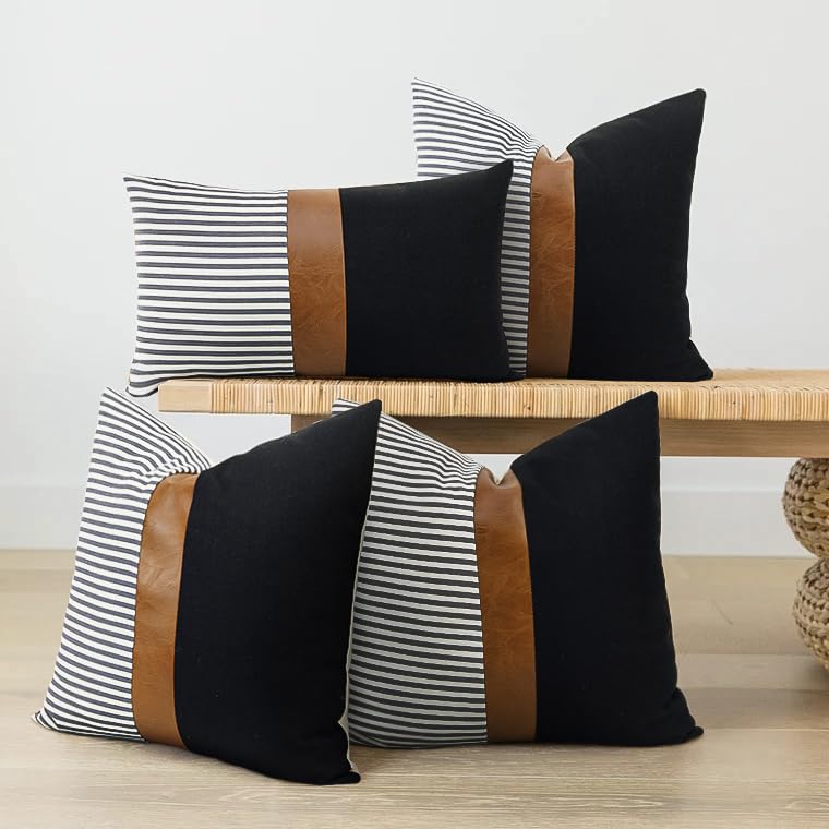 cygnus 22x22 Pillow Covers Set of 2 Boho Rustic Farmhouse Decorative Striped and Black Linen Throw Pillow Covers Modern Brown Faux Leather Covers for Couch Sofa, Navy Striped