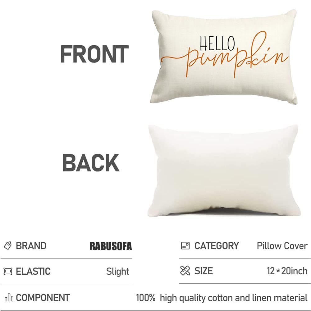 RABUSOFA Fall Pillow Covers 12x20 Inch,Autumn Hello Pumpkin Pillows Decorative Throw Pillows,Lumbar Outdoor Thanksgiving Cushion Cover Farmhosue Fall Decor for Bedroom Couch Sofa White