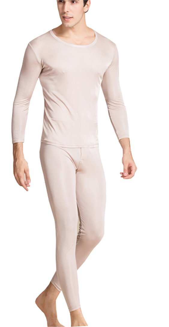 METWAY Silk Long Underwear Men's Mulberry Silk Long Johns Top and Bottom Thermal Underwear Set/Base Layer Medium Beige