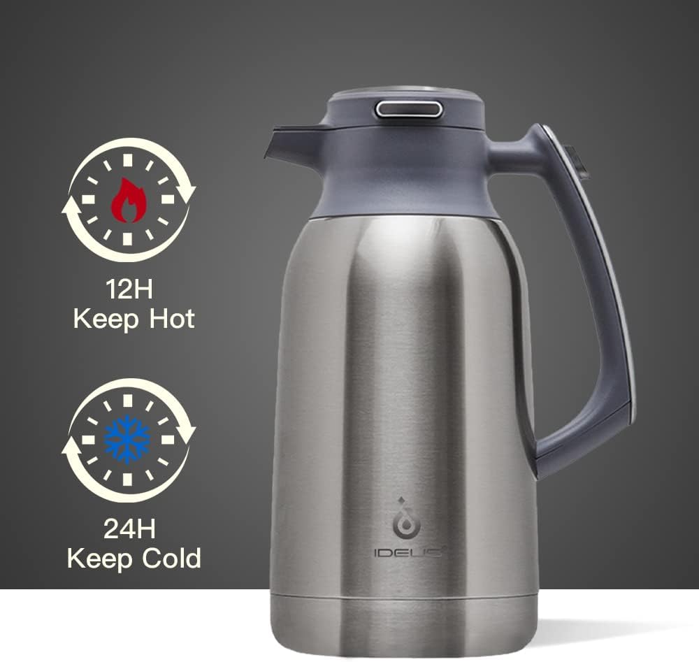 IDEUS Thermal Coffee Carafe 68oz (2,000ml), Stainless Steel Double Wall Insulated Vacuum Flask, Water Jug Coffee Server and Beverage Dispenser, Heat and Cold Retention (Metallic, 68oz (2,000ml))