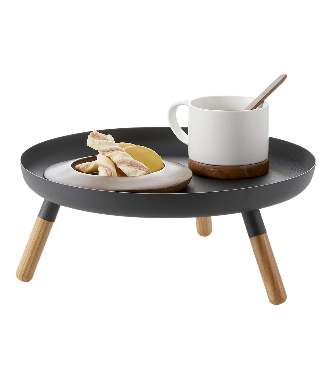 Yamazaki Home Plain Metal Pedestal Table Tray with Wooden Legs for Countertop Or Floor, Holds Fruit, Plants, Tea, Steel + Wood