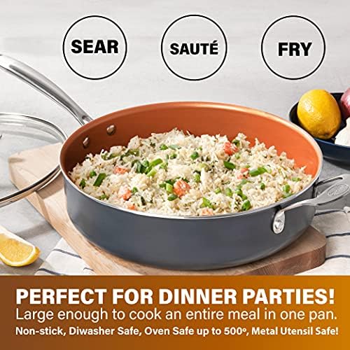 Gotham Steel Nonstick Deep Saute Pan with Lid – 5.5 Quart Large Ceramic Jumbo Cooker 12 Inch Frying Pan with Lid, Stay Cool Handle + Helper Handle, Oven & Dishwasher Safe, 100% PFOA Free