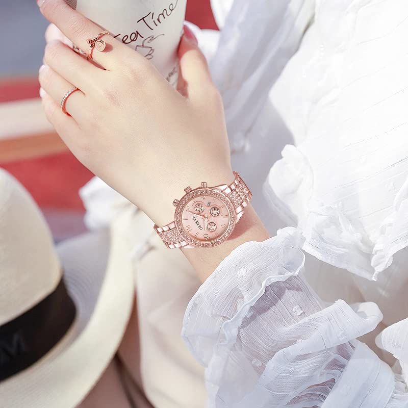 Luxury Unisex Crystal Diamond Watches Quartz Digital Calendar Rose Gold Silver Stainless Steel Watch (Rose Gold)