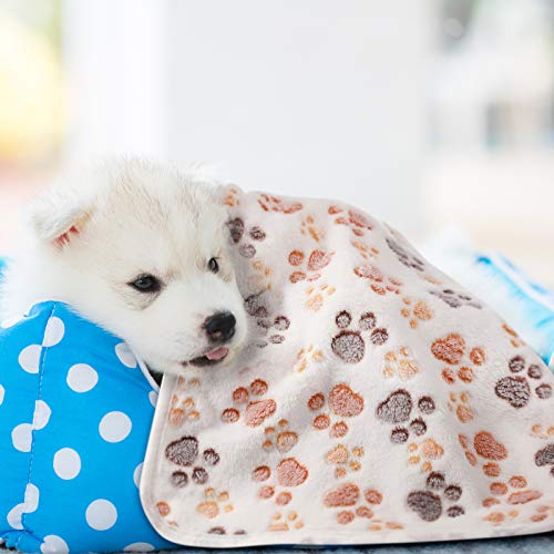 Tatuo 4 Pcs Dog Blanket for Pet Puppy Teething Toys Paw Print Fleece Blanket for Pet Cat Soft Warm Sleep Mat Guinea Pig Cage Mat(Medium(30 x 20.5 Inch),White, Coffee, Pink, Purple)