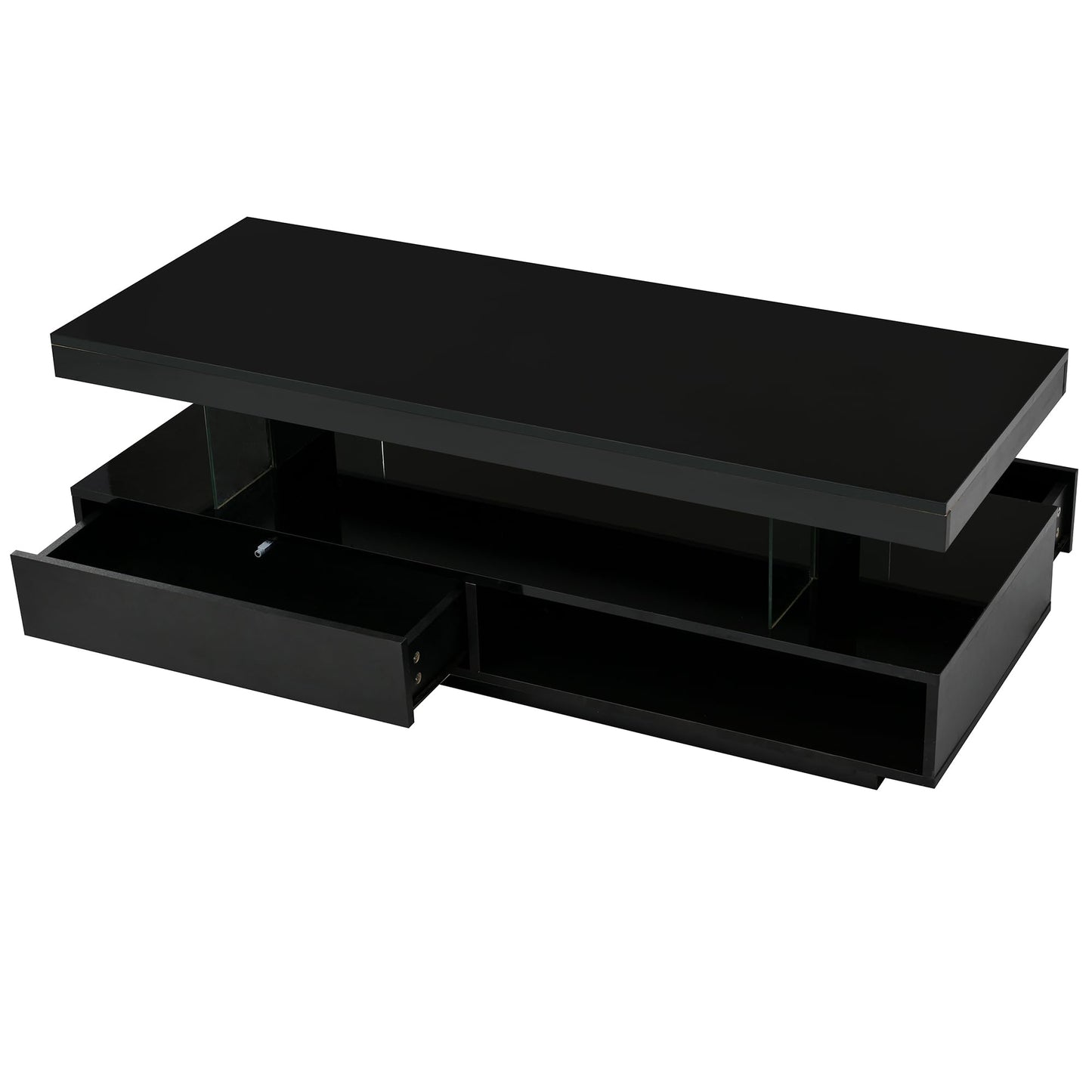 LUMISOL High Gloss Coffee Table with 16 Colors LED Lights, UV Cocktail Table with 2 Drawers and Display Shelf, Modern Center Table for Living Room, Black