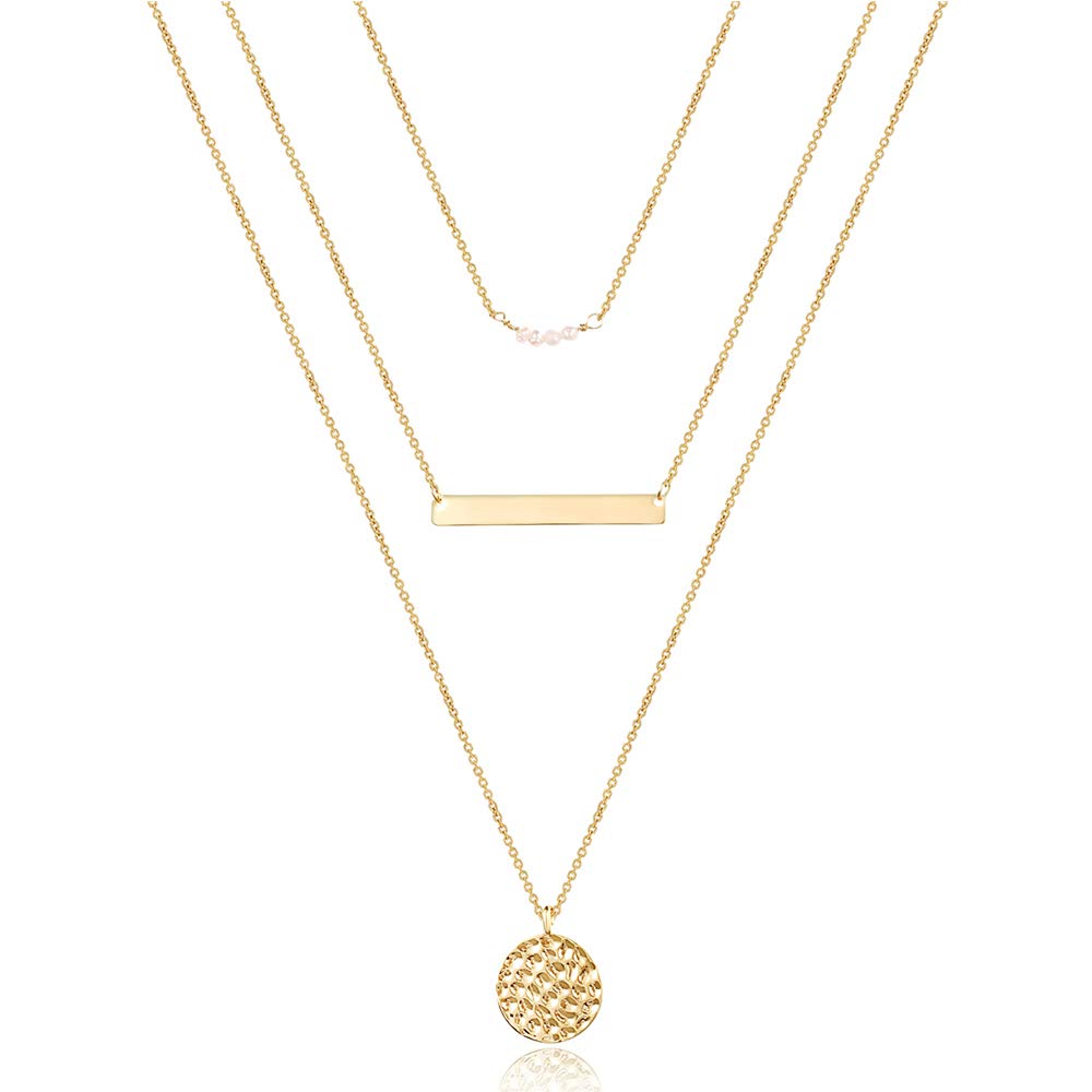 Turandoss Dainty Layering Bar Necklace Hammered Disc Pendant Necklace Simple Layering Plated Choker for Women
