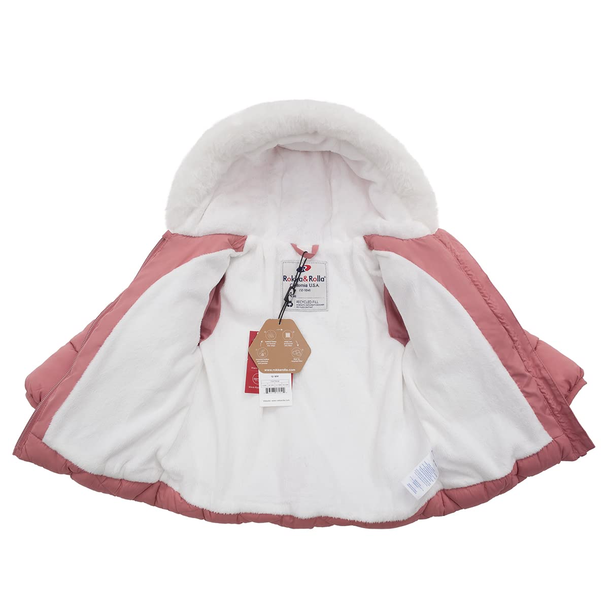 Rokka&Rolla Baby Girls' Water-Resistant Puffer Jacket Hooded Winter Coat with Soft Mini Fur Lining for Newborn Infant Toddler
