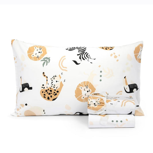 100% Cotton 210TC Salt Earth Kids Bedsheet,Twin Sheets Set for Toddler bed, 3 Piece Bedding Set Including Flat Sheet, Fitted Sheet, and Pillowcase, Themed Sheets for a Playful Kids Bed (Jungle Safari)