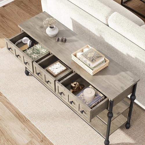 Garvee Console Sofa Table 53", Entryway Table with 3 Drawers, 3 Tier Metal Sofa Table, Open Shelf Behind Couch Table for Hallway, Living Room, Roman Column Design, Grey