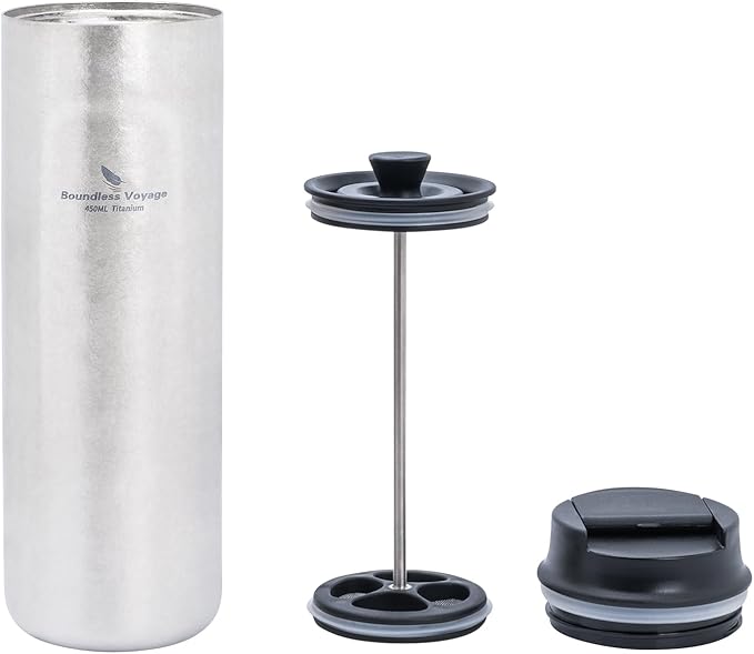 iBasingo 450ml Titanium French Press Coffee Flask Double-Walled Insulated Vacuum Cup Portable Water Bottle Outdoor Traveling Car Mug with Lid Ti3255D