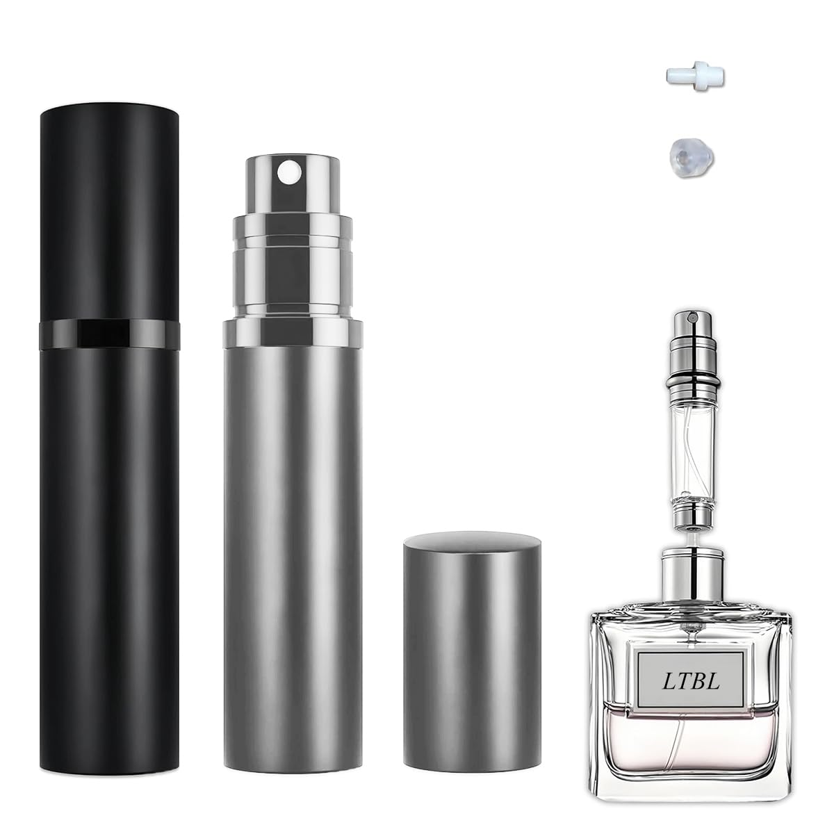 LTBL 2PCS Perfume Travel Refillable Bottle, Bottom-Filling Fragrances Perfume Atomizer, Empty Mini Cologne Dispenser, Portable Sprayer Pocket Size for On the Go 5ml (Black & Gray)