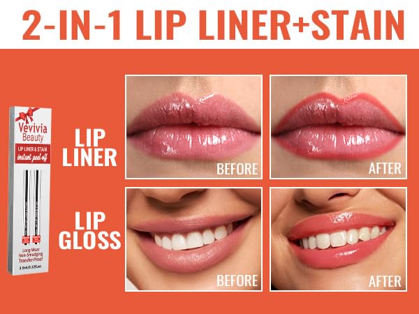 2pcs Lip Stain Peel Off - Lip Liner Stain Long Lasting Waterproof,2-in-1 Lip Liner with Tweezer Nude Matte,Non-Stick Cup,Highly Pigmented，Natural Finish,Stay On All Day,Perfect for Gift (Nude+Rose)