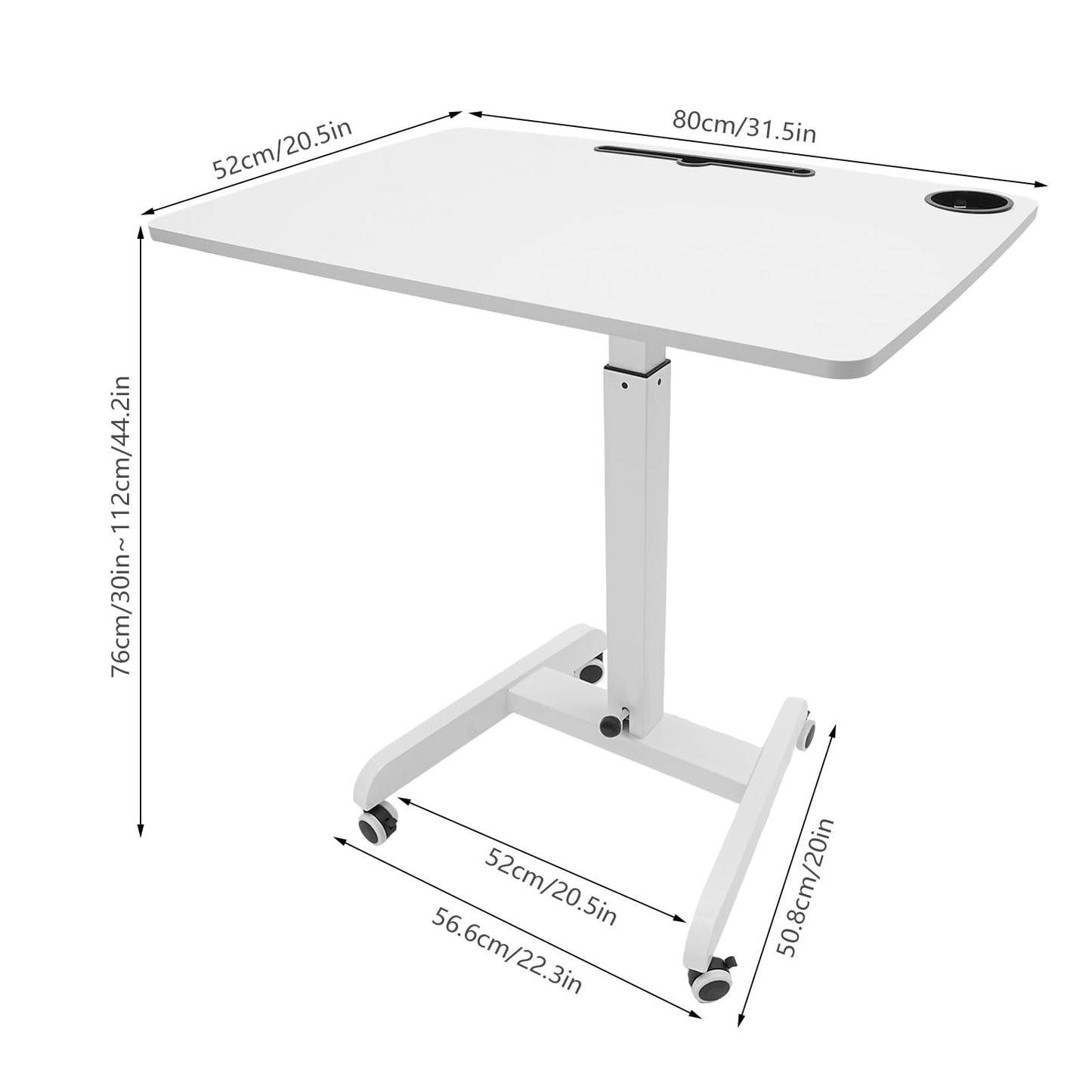 LYNICESHOP 31.5 * 22 in Mobile Standing Desk, 29.8-44.3 inches Height Adjustable Rolling Laptop Desk with Cup Holder for Podium Reading Rack (White)