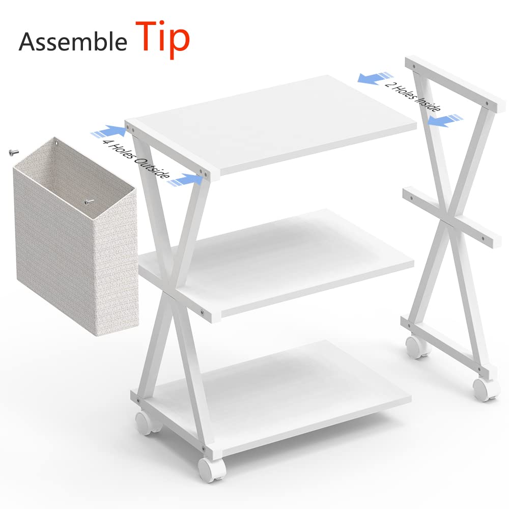 VEDECASA White Mobile Printer Stand 3 Tier Wood Shelf Metal Frame Printer Cart with Storage Bag for Home Office Modern Under Desk Table Side Printer Cart with Rolling Caster Wheel