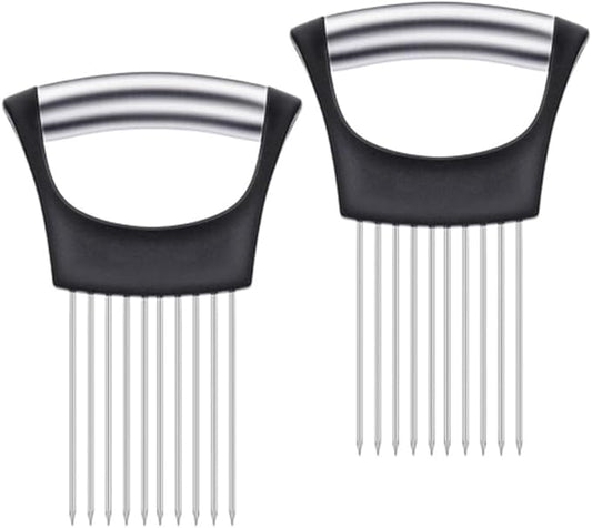 2Pcs onion slicer， Kitchen Prong Slicer for Vegetables and Meat, Stainless Steel Tines with Safety Handle, Black (2)