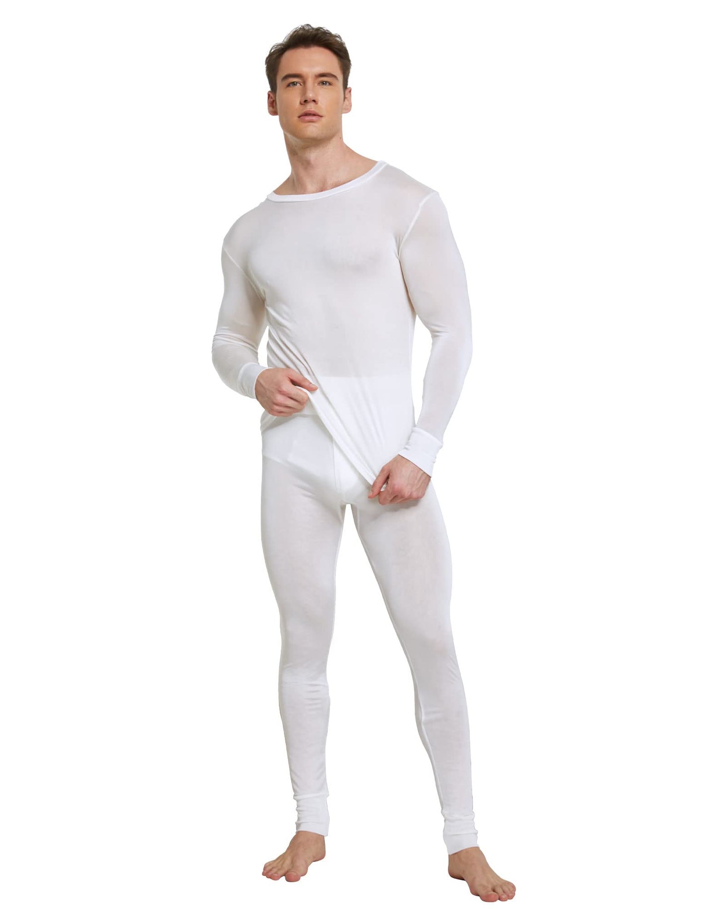 Men's Pure Mulberry Silk Knitted Thermal Underwear Long Johns Bottom(Pants Only) White