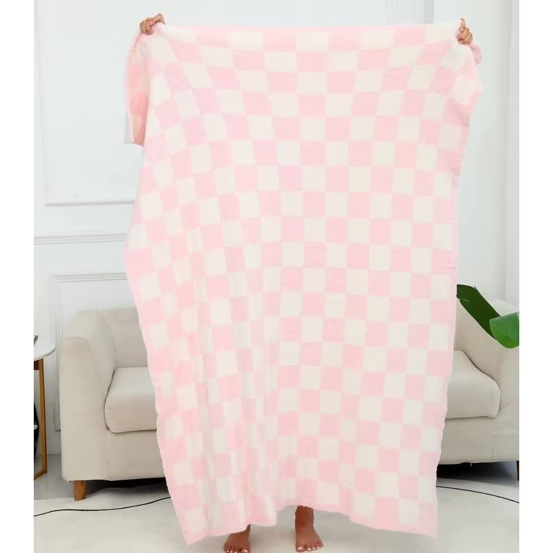 Ultra Soft Checkerboard Grid Blanket Cozy Buffalo Check Throw Fluffy Knitted Reversible Throw Blanket Lightweight Fleece Checkered Blanket for Sofa Couch Bed Travel, Blush Pink, 51''x63''