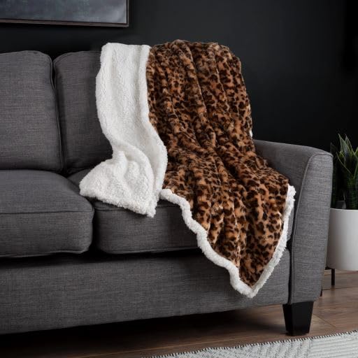 Sherpa Fleece Throw Blanket - 50x60-Inch Machine-Washable Reversible Throw - Fluffy Blankets for Couch, Chair, or Bed by Lavish Home (Leopard)