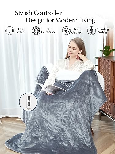 SNUGSUN Heated Blanket Throw Size, Soft and Cozy Electric Heating Blanket for Bed, Automatic Safety System 6 Heating Levels & 4 Hours Auto-Off Gift for Grandma,50" x 60" London Grey
